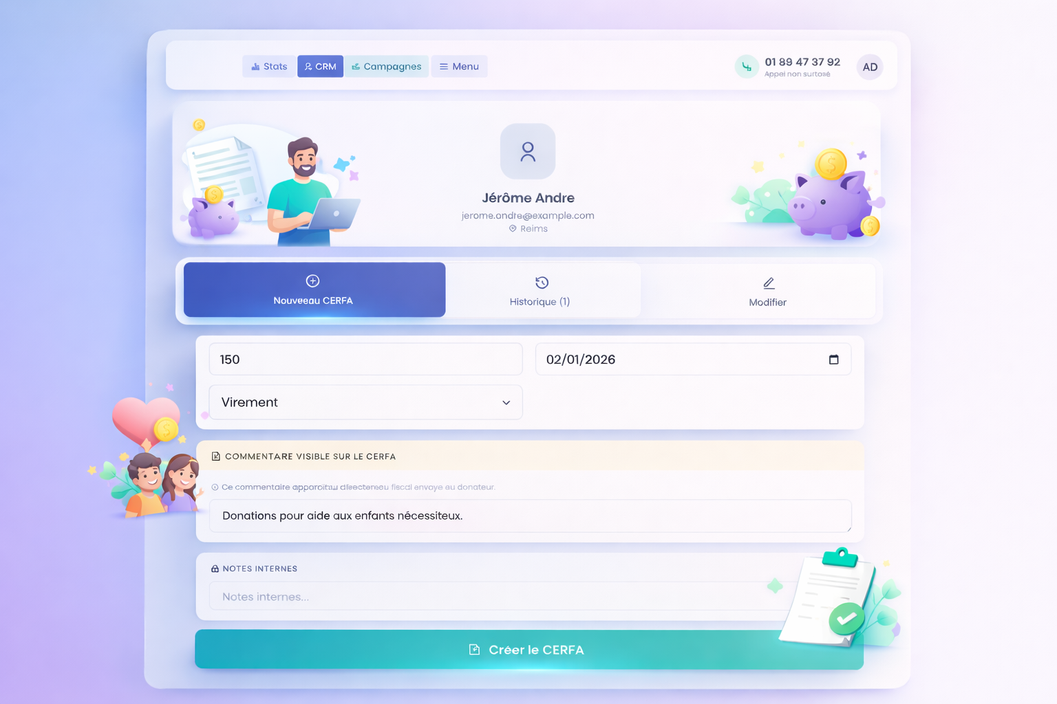 CRM Donateurs CerfApp - Gestion des contacts et historique des dons
