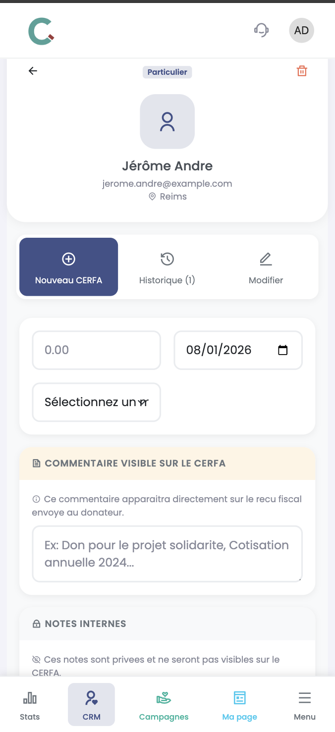 CRM Donateurs CerfApp sur mobile