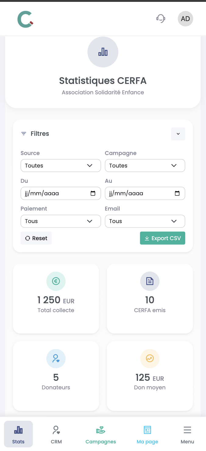 Dashboard campagne CerfApp sur mobile