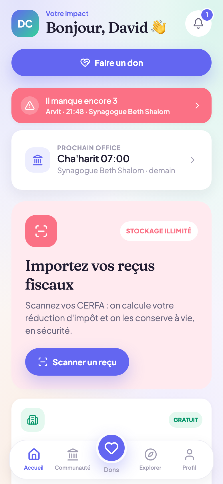 Accueil de l'application : prochain office, boîte de tsédaka, actualités de la communauté