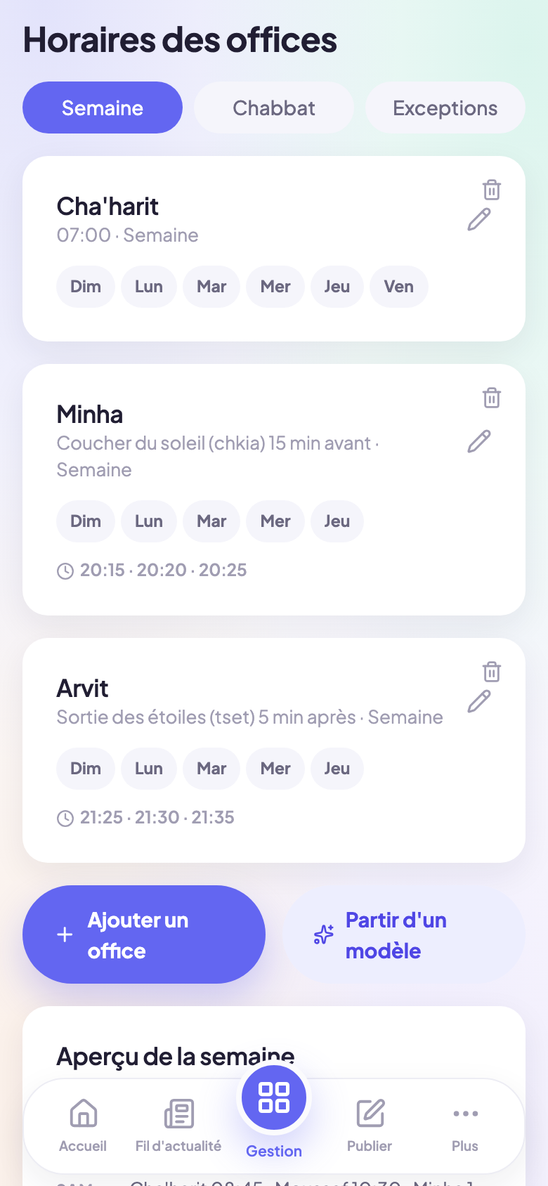 Éditeur d'offices : nom, contexte, heure relative et décalage
