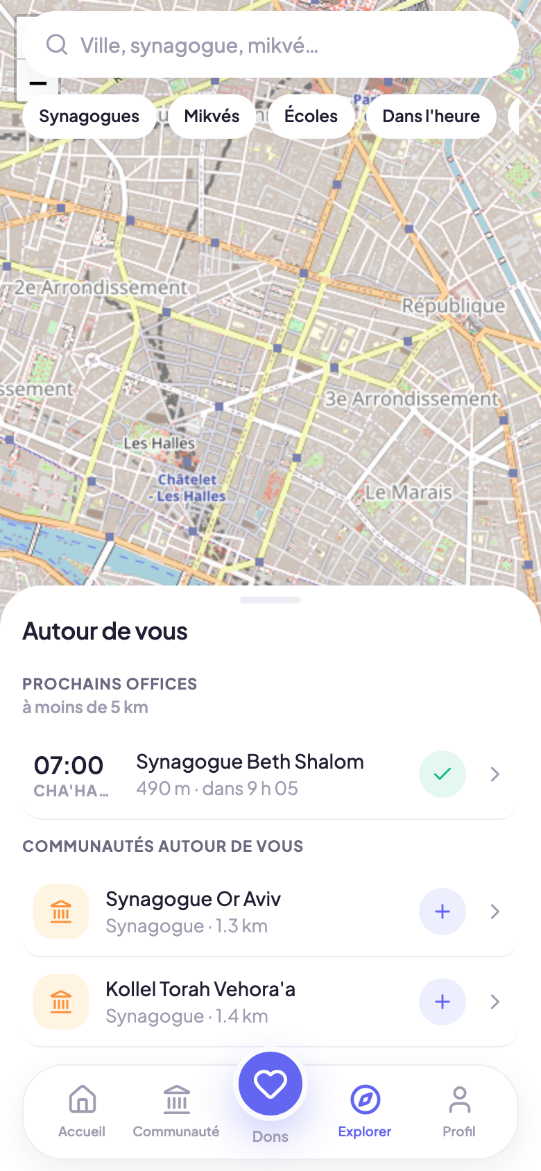 Carte des synagogues et mikvés autour de soi, avec les prochains offices