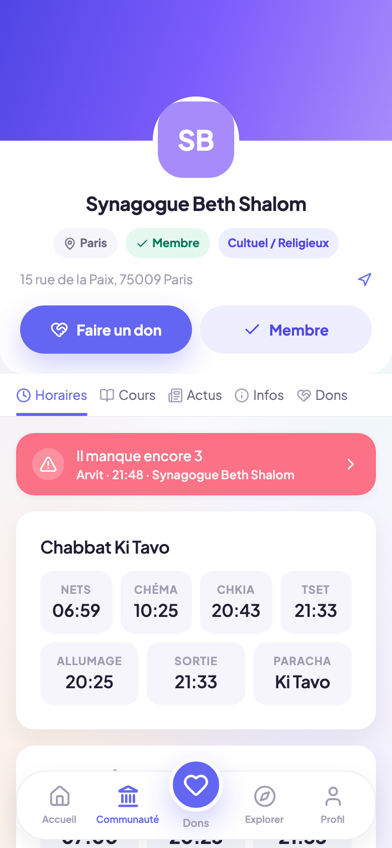 Horaires du Chabbat d'une synagogue : allumage, sortie, paracha et offices