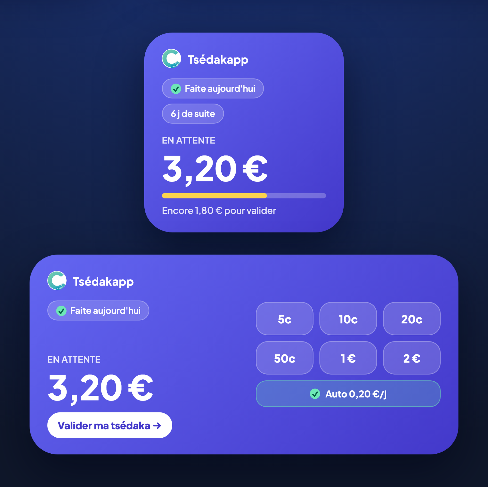 Widget Tsédakapp sur l'écran d'accueil : montant en attente, série de jours et pièces