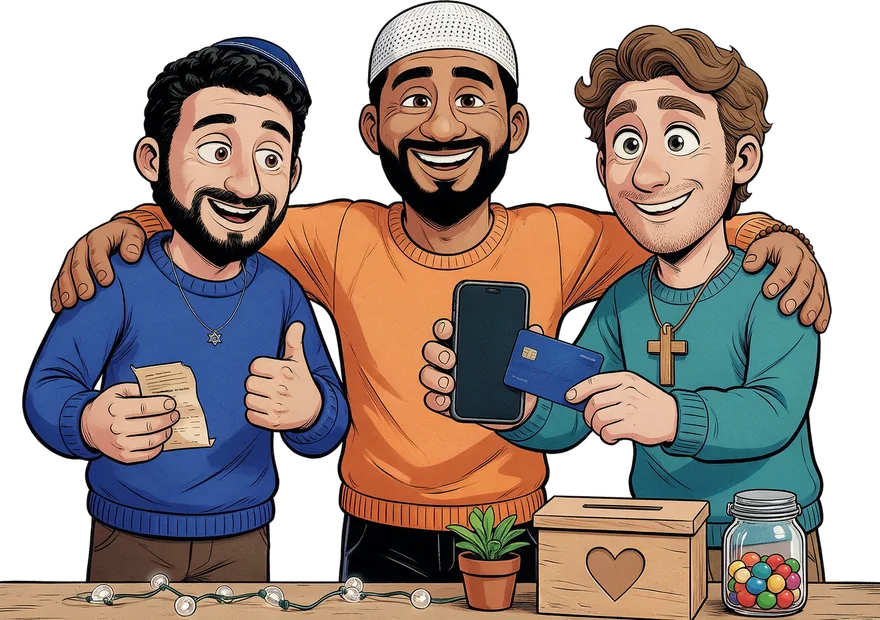 Karim tient un téléphone, Mathieu y approche une carte bancaire et Nathan montre le reçu du don